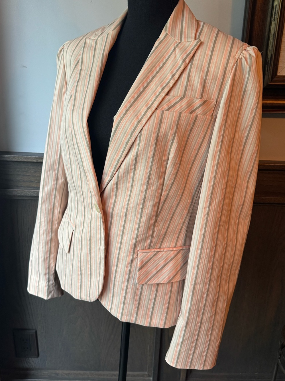 Striped Peach Pink Cotton-Blend Women's Blazer 14 - Picture 6 of 7
